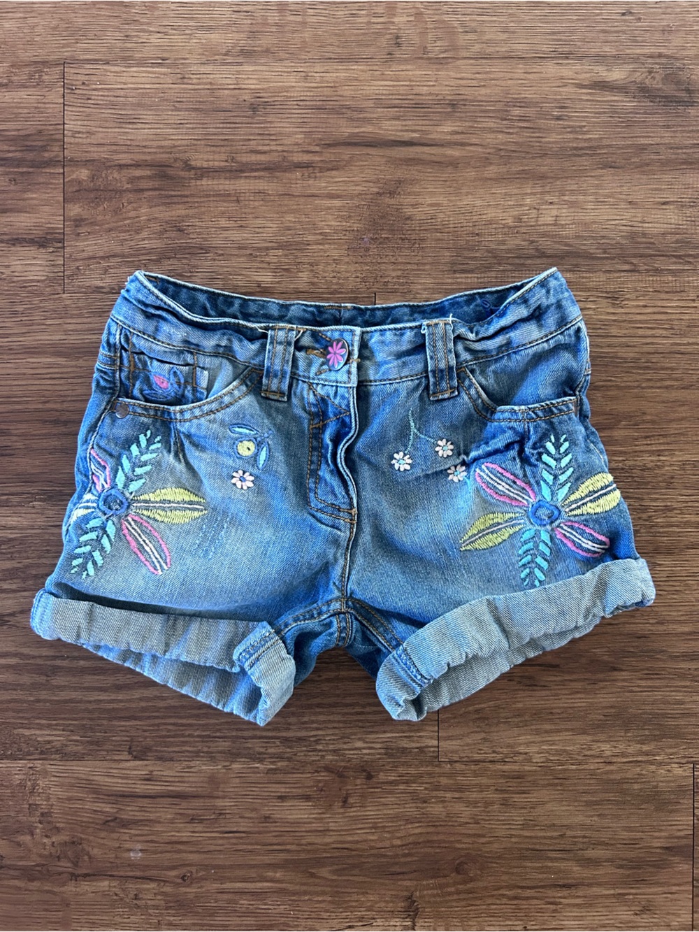 next Mid Blue Denim Shorts with Multicolor Floral Embroidery